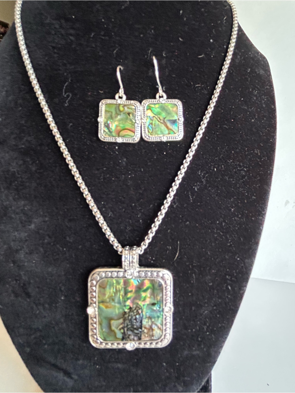 Abalone Inlay Square Pendant Necklace And Earring Set  Silver Tone 5